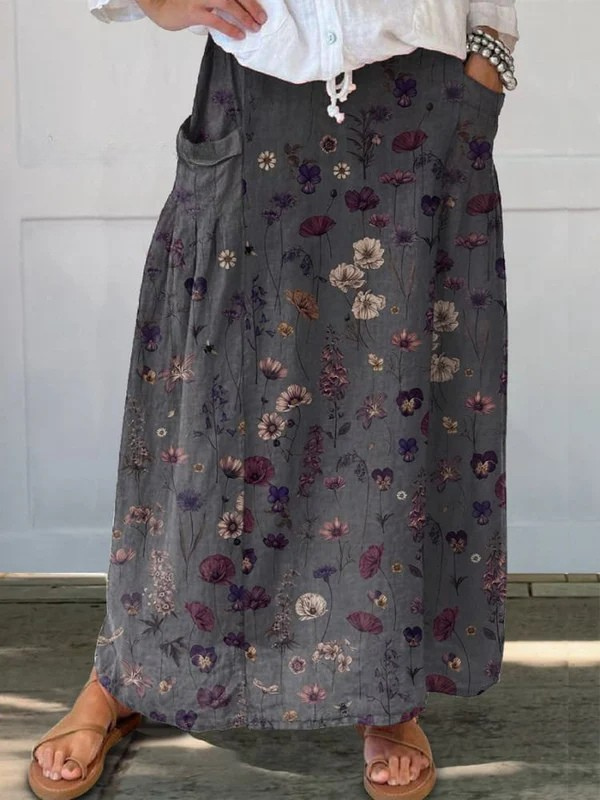 Leinen-Taschenrock mit Blumenkunstdruck für Frauen